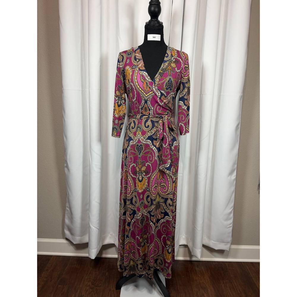 Janette Fashion Womens Paisley Wrap Maxi Dress Magenta Navy 3/4 Sleeve V-Neck
